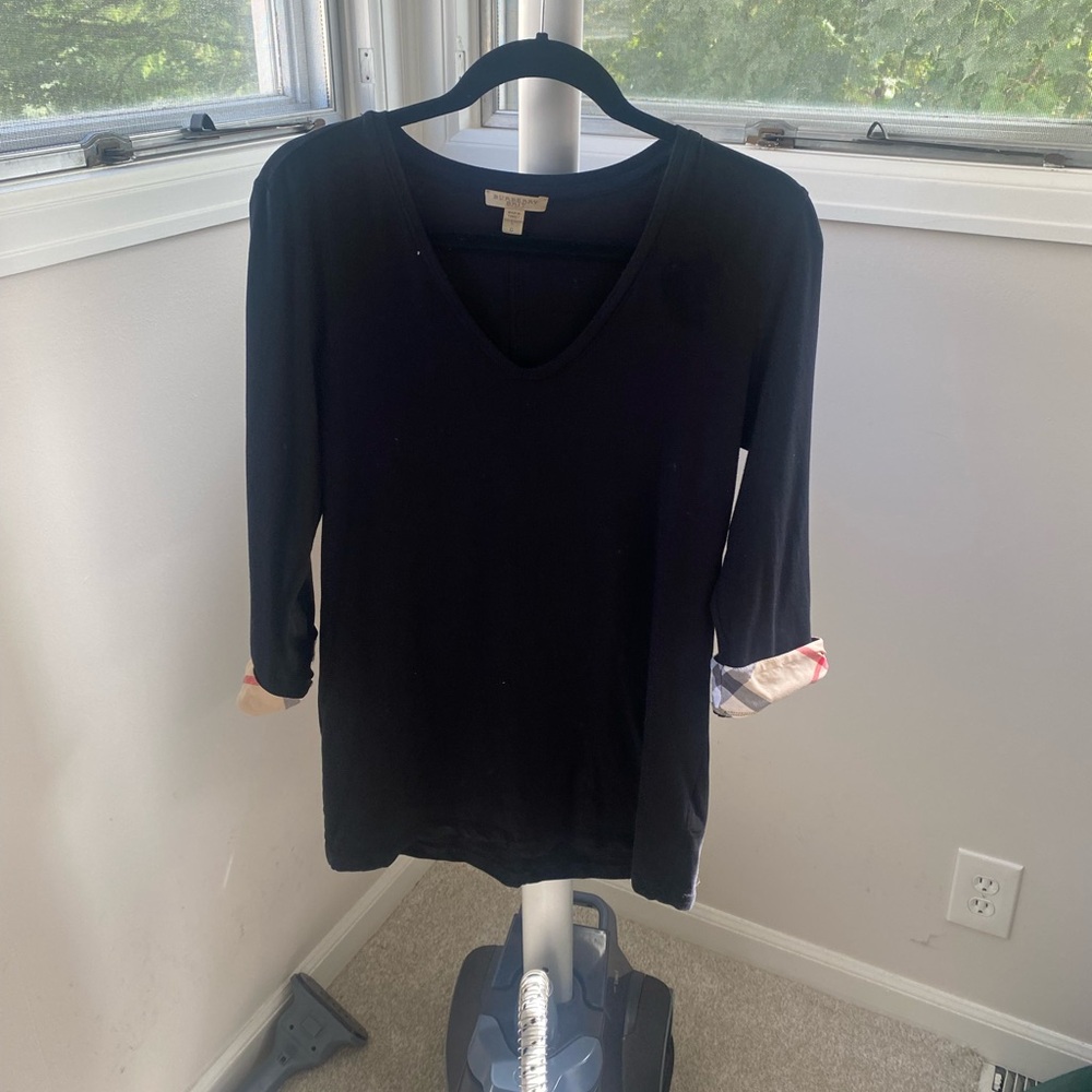 Burberry Black V-Neck Blouse with Check Cuffs